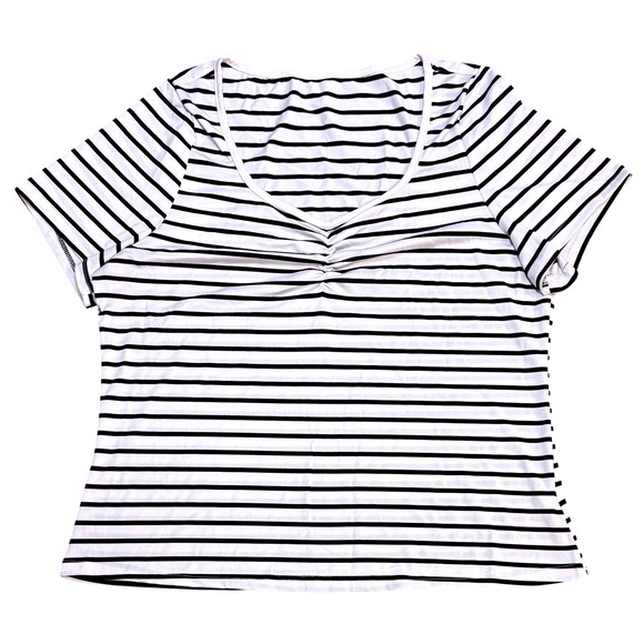 SHEIN Curve Women's Plus Size 1XL Black and White Striped Ruched V Neck T-Shirt - Picture 1 of 5
